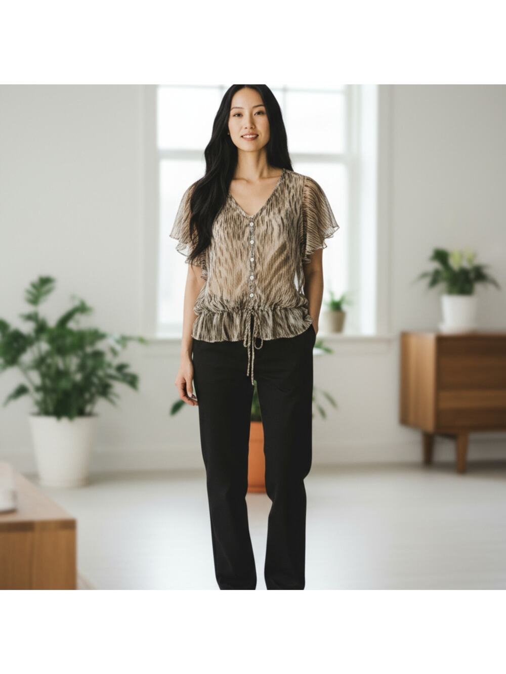 Lucky Brand Women's Ikat Print Lace Up Peplum Top Black Ivory Size S (2-6)